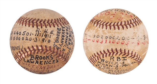 Lot of (2) 1954-1955 Brooks Lawrence St. Louis Cardinals Game Used ONL Giles Baseballs From 2 Career Wins (MEARS)